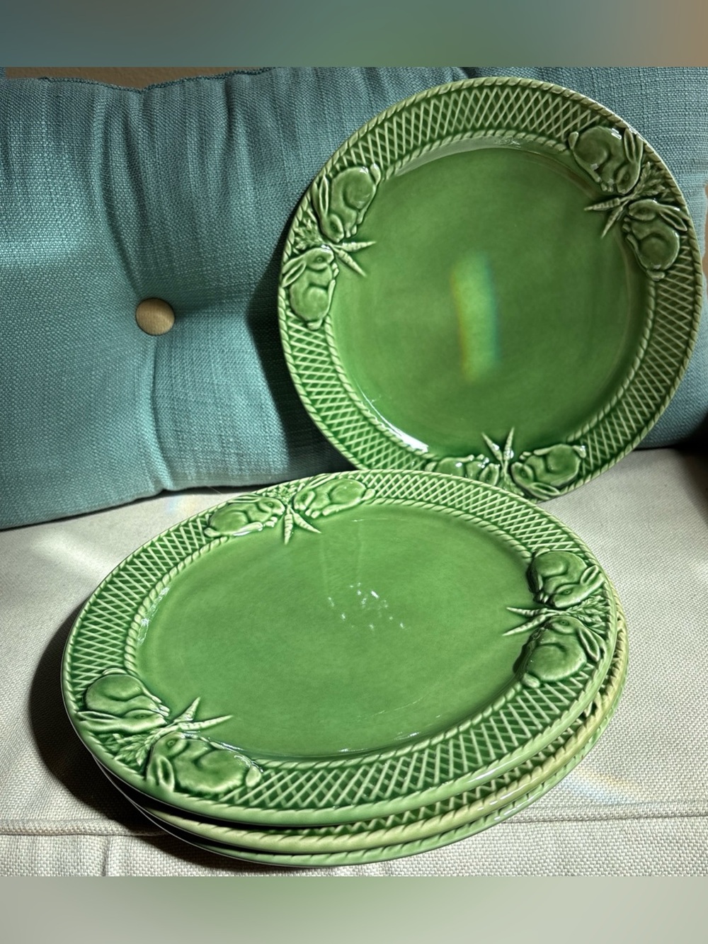 Barely Used - 4 Bordallo Pinheiro Art Pottery Green Rabbit Bunny Dinner Plates